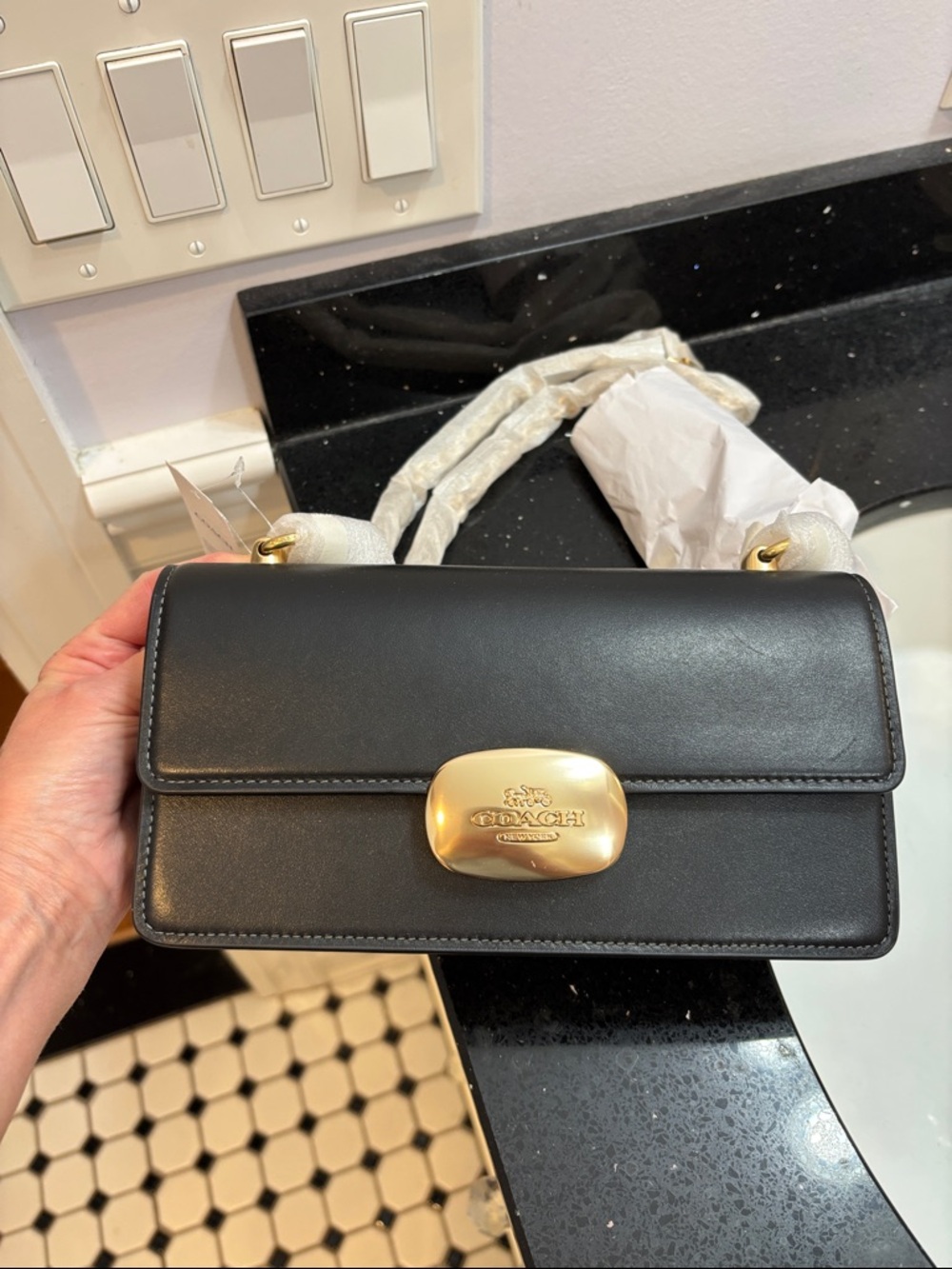 NWT Coach Black Leather with Gold Plaque